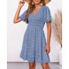 imageBTFBM Womens Beach Vacation Dress V Neck Short Sleeve Smocked Swiss Dot Casual Ruffle Mini Spring Summer Dresses 2025Swiss Dot Grey Blue