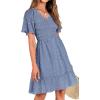 imageBTFBM Womens Beach Vacation Dress V Neck Short Sleeve Smocked Swiss Dot Casual Ruffle Mini Spring Summer Dresses 2025Swiss Dot Grey Blue