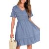 imageBTFBM Womens Beach Vacation Dress V Neck Short Sleeve Smocked Swiss Dot Casual Ruffle Mini Spring Summer Dresses 2025Swiss Dot Grey Blue