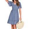imageBTFBM Womens Beach Vacation Dress V Neck Short Sleeve Smocked Swiss Dot Casual Ruffle Mini Spring Summer Dresses 2025Swiss Dot Grey Blue