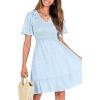 imageBTFBM Womens Beach Vacation Dress V Neck Short Sleeve Smocked Swiss Dot Casual Ruffle Mini Spring Summer Dresses 2025Swiss Dot Light Blue