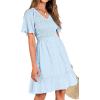 imageBTFBM Womens Beach Vacation Dress V Neck Short Sleeve Smocked Swiss Dot Casual Ruffle Mini Spring Summer Dresses 2025Swiss Dot Light Blue