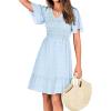 imageBTFBM Womens Beach Vacation Dress V Neck Short Sleeve Smocked Swiss Dot Casual Ruffle Mini Spring Summer Dresses 2025Swiss Dot Light Blue