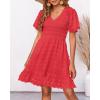 imageBTFBM Womens Beach Vacation Dress V Neck Short Sleeve Smocked Swiss Dot Casual Ruffle Mini Spring Summer Dresses 2025Swiss Dot Red