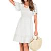 imageBTFBM Womens Beach Vacation Dress V Neck Short Sleeve Smocked Swiss Dot Casual Ruffle Mini Spring Summer Dresses 2025Swiss Dot White