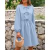 imageBTFBM Womens Casual Short Dress 2025 Bow Tie Front Puff Long Sleeve Button A Line Cute Y2K Going Out Dresses PocketsLight Blue