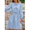 imageBTFBM Womens Casual Short Dress 2025 Bow Tie Front Puff Long Sleeve Button A Line Cute Y2K Going Out Dresses PocketsLight Blue
