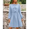 imageBTFBM Womens Casual Short Dress 2025 Bow Tie Front Puff Long Sleeve Button A Line Cute Y2K Going Out Dresses PocketsLight Blue