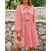 imageBTFBM Womens Casual Short Dress 2025 Bow Tie Front Puff Long Sleeve Button A Line Cute Y2K Going Out Dresses PocketsPink