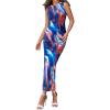 imageBTFBM Women Bodycon Maxi Dresses 2025 Summer Sleeveless Floral Ruched Slit Mesh Party Cocktail Wedding Guest Tank DressFloral Dark Blue