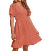 imageBTFBM Womens Beach Vacation Dress V Neck Short Sleeve Smocked Swiss Dot Casual Ruffle Mini Spring Summer Dresses 2025Swiss Dot Orange