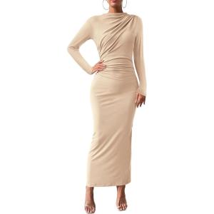 imageBTFBM Women Bodycon Maxi Dress Long Sleeve Back Slit Ruched Elegant Party Cocktail Formal Fall Wedding Guest DressesBeige