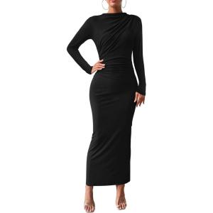 imageBTFBM Women Bodycon Maxi Dress Long Sleeve Back Slit Ruched Elegant Party Cocktail Formal Fall Wedding Guest DressesBlack