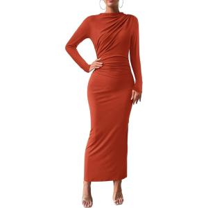 imageBTFBM Women Bodycon Maxi Dress Long Sleeve Back Slit Ruched Elegant Party Cocktail Formal Fall Wedding Guest DressesBrick Red