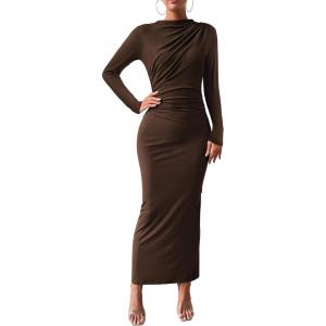 imageBTFBM Women Bodycon Maxi Dress Long Sleeve Back Slit Ruched Elegant Party Cocktail Formal Fall Wedding Guest DressesDark Coffee