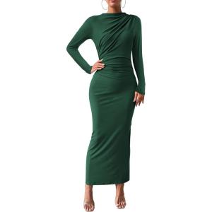 imageBTFBM Women Bodycon Maxi Dress Long Sleeve Back Slit Ruched Elegant Party Cocktail Formal Fall Wedding Guest DressesDark Green