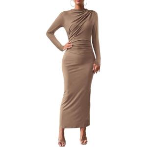 imageBTFBM Women Bodycon Maxi Dress Long Sleeve Back Slit Ruched Elegant Party Cocktail Formal Fall Wedding Guest DressesKhaki