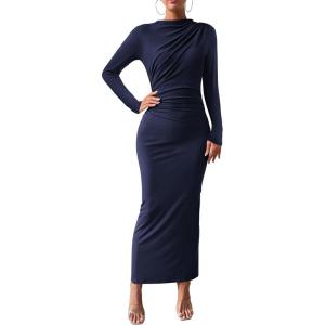 imageBTFBM Women Bodycon Maxi Dress Long Sleeve Back Slit Ruched Elegant Party Cocktail Formal Fall Wedding Guest DressesNavy