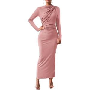 imageBTFBM Women Bodycon Maxi Dress Long Sleeve Back Slit Ruched Elegant Party Cocktail Formal Fall Wedding Guest DressesPink