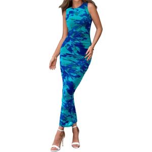 imageBTFBM Women Bodycon Maxi Dresses 2025 Summer Sleeveless Floral Ruched Slit Mesh Party Cocktail Wedding Guest Tank DressFloral Lake Blue