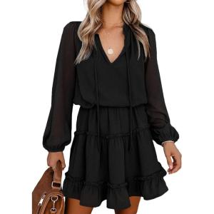 imageBTFBM Women Casual Summer Spring Dresses 2025 Tie Neck Long Sleeve High Waist Tiered Ruffle Aline Swing Tunic Mini DressDot Black