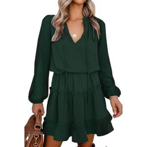 imageBTFBM Women Casual Summer Spring Dresses 2025 Tie Neck Long Sleeve High Waist Tiered Ruffle Aline Swing Tunic Mini DressDot Dark Green