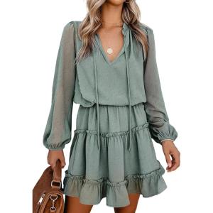imageBTFBM Women Casual Summer Spring Dresses 2025 Tie Neck Long Sleeve High Waist Tiered Ruffle Aline Swing Tunic Mini DressDot Green