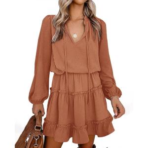 imageBTFBM Women Casual Summer Spring Dresses 2025 Tie Neck Long Sleeve High Waist Tiered Ruffle Aline Swing Tunic Mini DressDot Orange Yellow