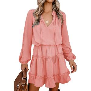 imageBTFBM Women Casual Summer Spring Dresses 2025 Tie Neck Long Sleeve High Waist Tiered Ruffle Aline Swing Tunic Mini DressDot Pink