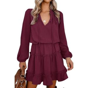 imageBTFBM Women Casual Summer Spring Dresses 2025 Tie Neck Long Sleeve High Waist Tiered Ruffle Aline Swing Tunic Mini DressDot Wine Red