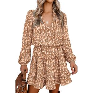 imageBTFBM Women Casual Summer Spring Dresses 2025 Tie Neck Long Sleeve High Waist Tiered Ruffle Aline Swing Tunic Mini DressLeopard Coffee