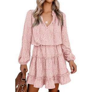 imageBTFBM Women Casual Summer Spring Dresses 2025 Tie Neck Long Sleeve High Waist Tiered Ruffle Aline Swing Tunic Mini DressLeopard Pink