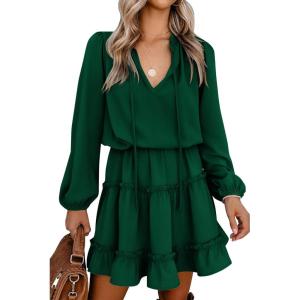 imageBTFBM Women Casual Summer Spring Dresses 2025 Tie Neck Long Sleeve High Waist Tiered Ruffle Aline Swing Tunic Mini DressLong Sleeve Dark Green