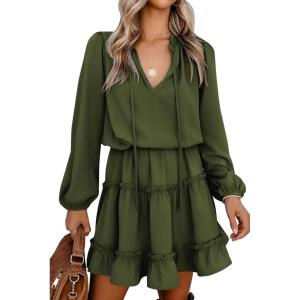 imageBTFBM Women Casual Summer Spring Dresses 2025 Tie Neck Long Sleeve High Waist Tiered Ruffle Aline Swing Tunic Mini DressLong Sleeve Green