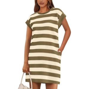 imageBTFBM Womens 2025 Summer Striped T Shirt Dress Loose Cap Sleeve Crew Neck Casual Beach Fashion Short Dresses PocketsKhaki Green