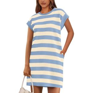 imageBTFBM Womens 2025 Summer Striped T Shirt Dress Loose Cap Sleeve Crew Neck Casual Beach Fashion Short Dresses PocketsLight Blue
