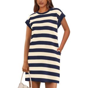 imageBTFBM Womens 2025 Summer Striped T Shirt Dress Loose Cap Sleeve Crew Neck Casual Beach Fashion Short Dresses PocketsNavy