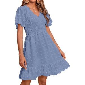 imageBTFBM Womens Beach Vacation Dress V Neck Short Sleeve Smocked Swiss Dot Casual Ruffle Mini Spring Summer Dresses 2025Swiss Dot Grey Blue