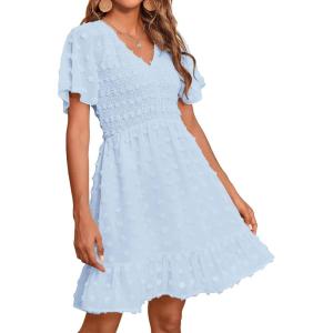 imageBTFBM Womens Beach Vacation Dress V Neck Short Sleeve Smocked Swiss Dot Casual Ruffle Mini Spring Summer Dresses 2025Swiss Dot Light Blue