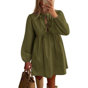 imageBTFBM Womens Casual Short Dress 2025 Bow Tie Front Puff Long Sleeve Button A Line Cute Y2K Going Out Dresses PocketsArmy Green