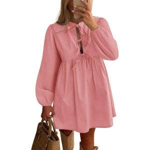 imageBTFBM Womens Casual Short Dress 2025 Bow Tie Front Puff Long Sleeve Button A Line Cute Y2K Going Out Dresses PocketsPink