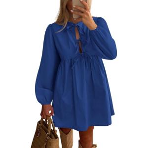 imageBTFBM Womens Casual Short Dress 2025 Bow Tie Front Puff Long Sleeve Button A Line Cute Y2K Going Out Dresses PocketsRoyal Blue
