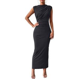 imageBTFBM Womens Ruched Bodycon Dress Summer Casual Sleeveless Back Slit Elegant Club Evening Party Cocktail Maxi DressesDark Grey
