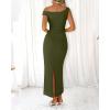 imageBTFBM Women 2025 Summer One Shoulder Bodycon Ruched Maxi Dresses Slit Mesh Long Formal Cocktail Wedding Guest DressArmy Green