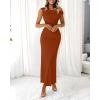 imageBTFBM Women 2025 Summer One Shoulder Bodycon Ruched Maxi Dresses Slit Mesh Long Formal Cocktail Wedding Guest DressCaramel