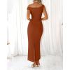 imageBTFBM Women 2025 Summer One Shoulder Bodycon Ruched Maxi Dresses Slit Mesh Long Formal Cocktail Wedding Guest DressCaramel