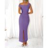 imageBTFBM Women 2025 Summer One Shoulder Bodycon Ruched Maxi Dresses Slit Mesh Long Formal Cocktail Wedding Guest DressGrey Purple