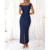 imageBTFBM Women 2025 Summer One Shoulder Bodycon Ruched Maxi Dresses Slit Mesh Long Formal Cocktail Wedding Guest DressNavy