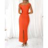imageBTFBM Women 2025 Summer One Shoulder Bodycon Ruched Maxi Dresses Slit Mesh Long Formal Cocktail Wedding Guest DressOrange