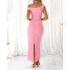 imageBTFBM Women 2025 Summer One Shoulder Bodycon Ruched Maxi Dresses Slit Mesh Long Formal Cocktail Wedding Guest DressPink